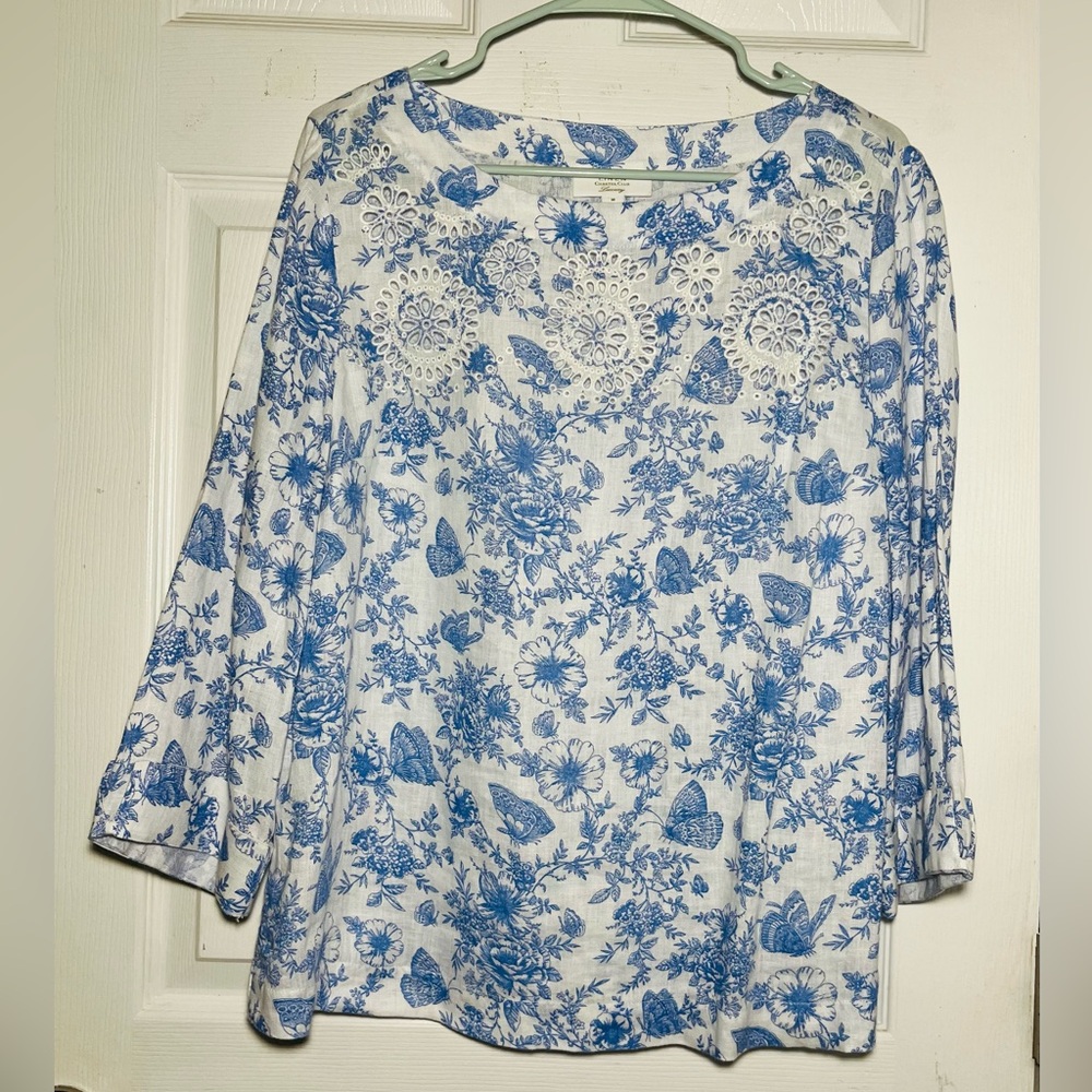 Charter Club Linen 100% White and Blue Floral Long Sleeve, Boat Neck Blouse Sz M